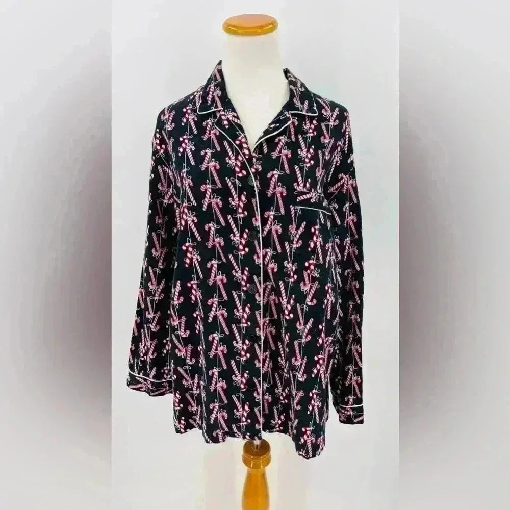 Victoria's Secret Pajamas Button Down PJ Top with Candy Canes